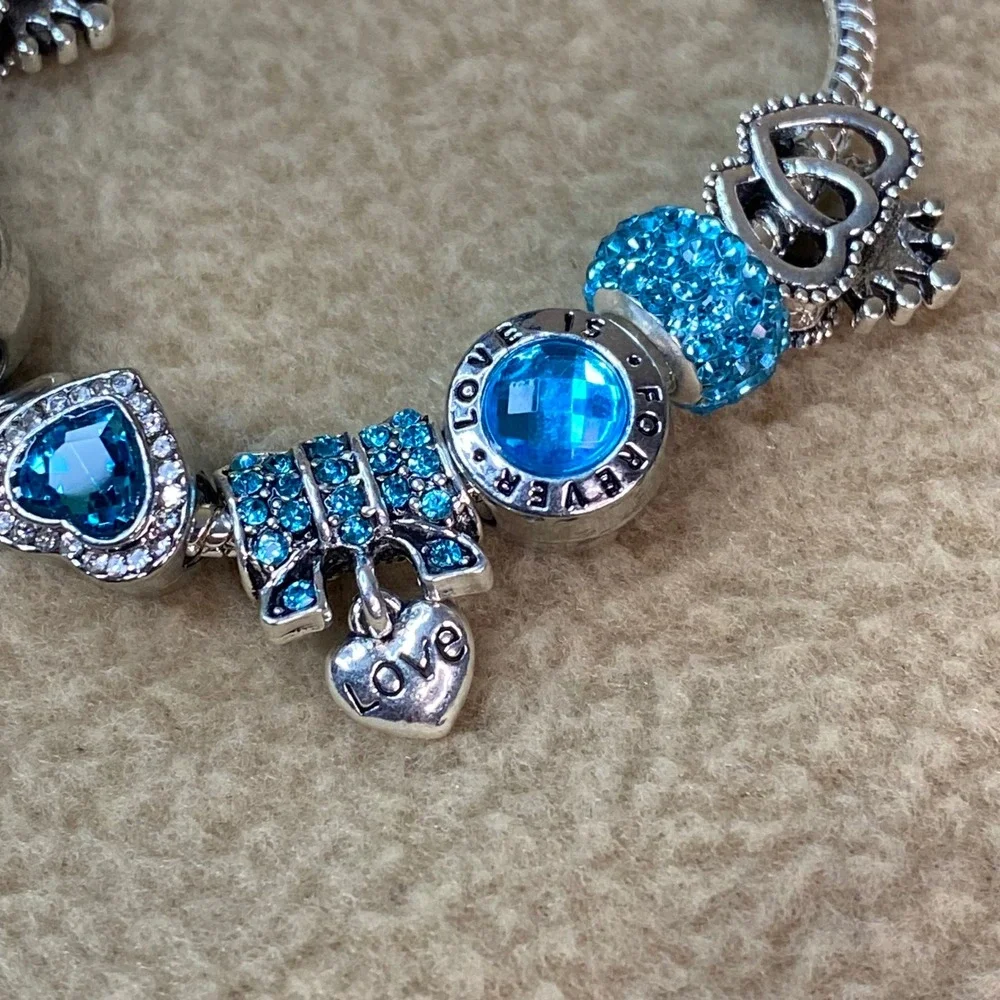 Charm Bracelet Women Blue Heart Flower Crystal Love Forever Snake Chain 7in EUC‎